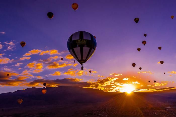 Hot air balloon flight at sunrise